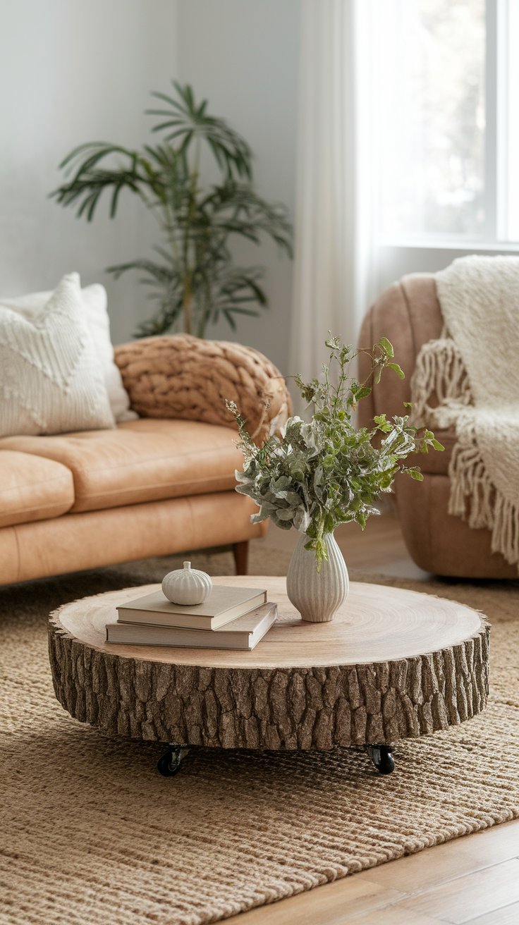 Cozy, light-filled living room featuring a round coffee table made from a thick slab of natural wood with bark edges and rolling casters. Topped with a ribbed ceramic vase holding leafy greenery, a small pumpkin decor piece, and stacked books, it anchors the space with earthy, organic charm.