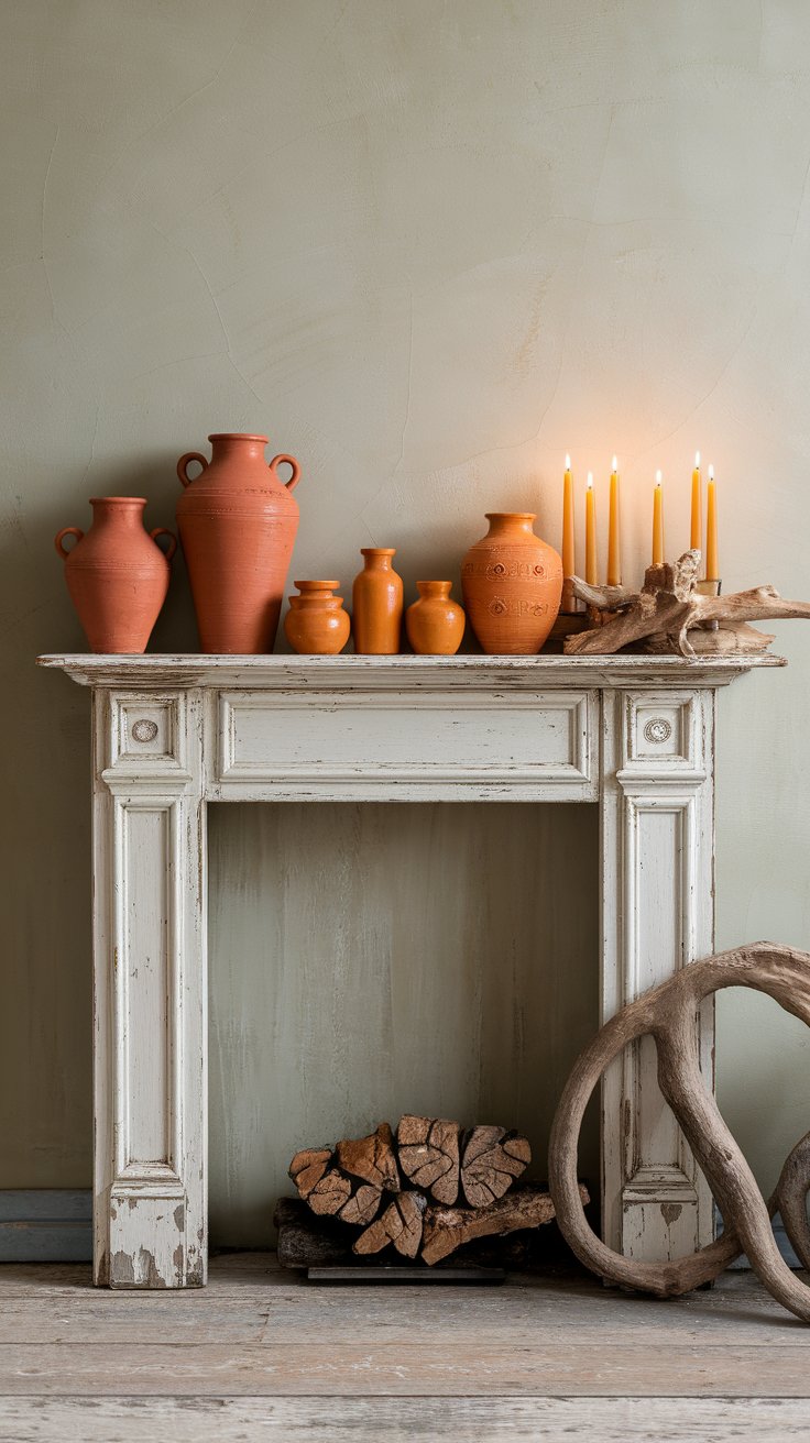 Fireplace mantel repurposed as display shelf for character-rich boho rustic bedroom decor