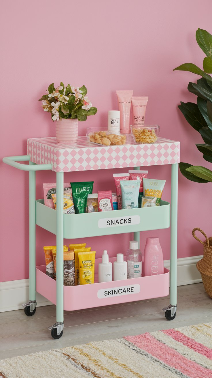 DIY retro diner rolling cart with pastel paint and checkered pattern for playful storage