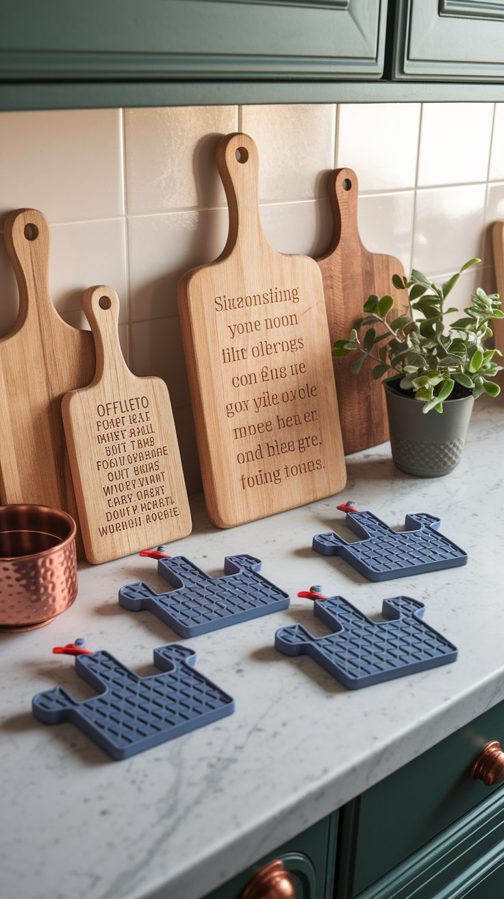 Disney cutting boards and castle trivets styled on a rustic marble kitchen counter with warm copper accents