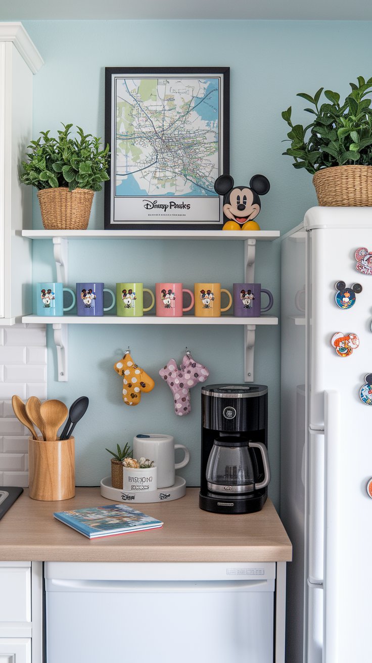 Disney Parks mugs and framed map displayed above a coffee station for a whimsical kitchen shelf