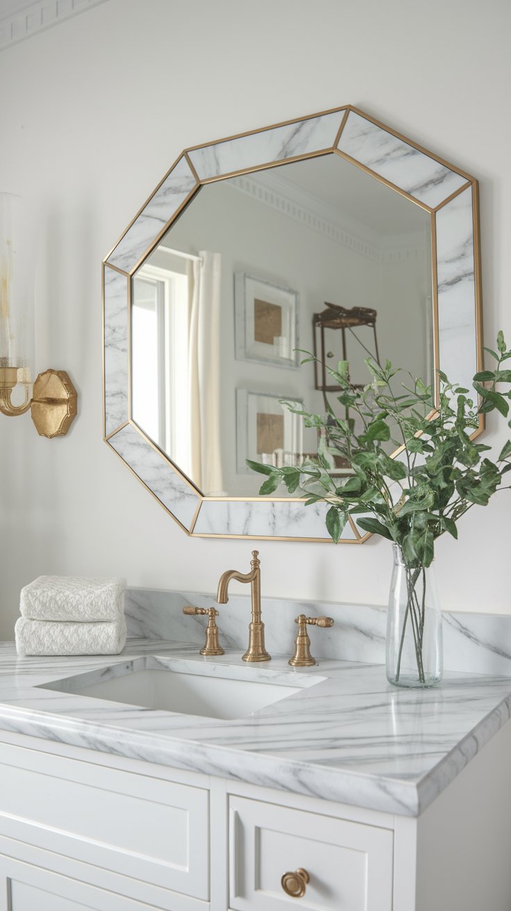 Faux marble mirror frame using contact paper for luxe vanity or bathroom upgrade