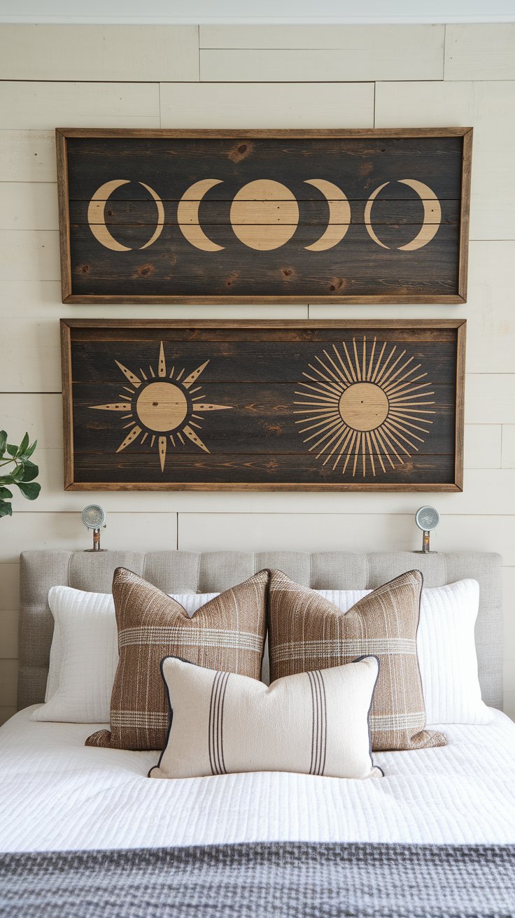 Hand-burned wood signs with celestial motifs for personalized boho rustic wall art