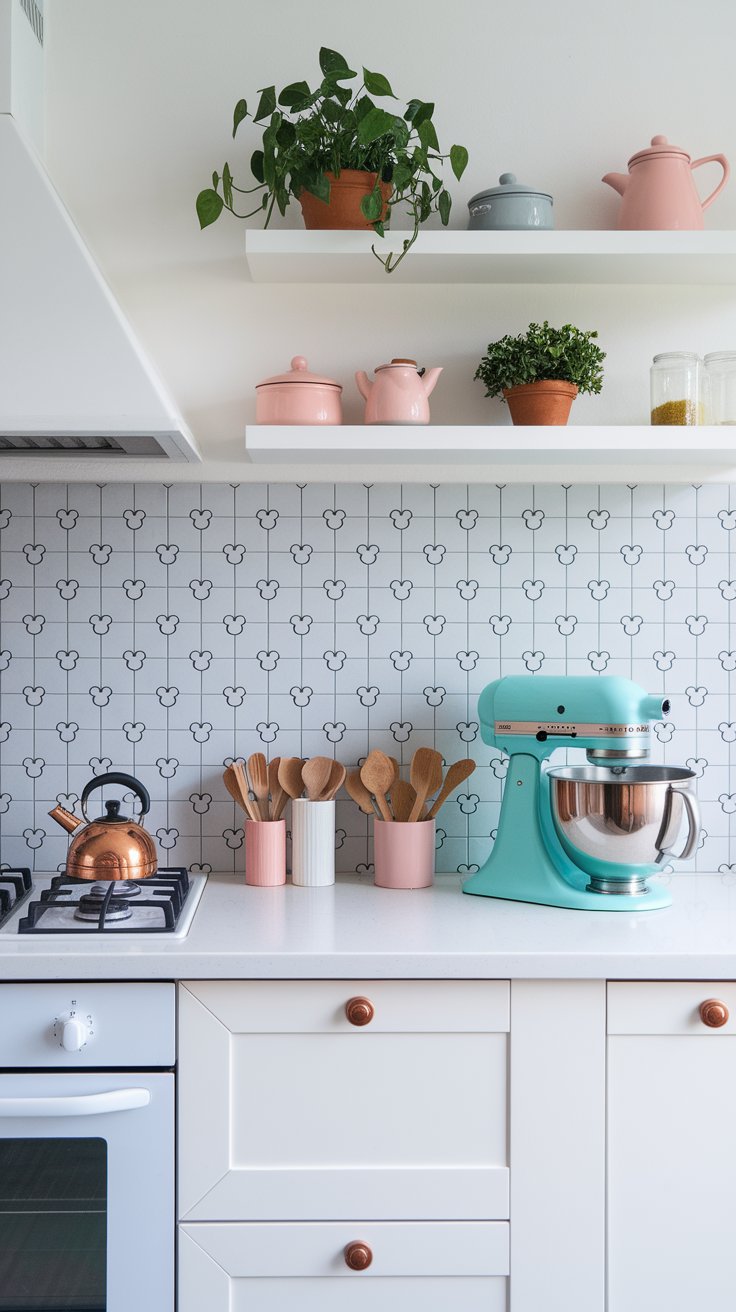 Peel-and-stick Disney backsplash with subtle Mickey patterns in a bright modern white kitchen