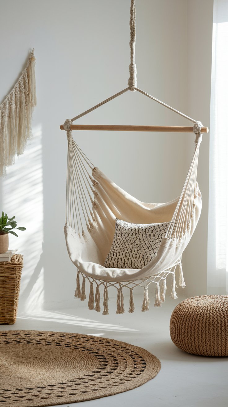 Low-hanging hammock chair in sunlit boho rustic bedroom corner for relaxed reading nook