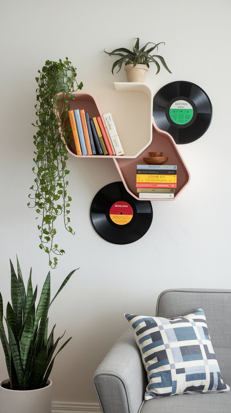 DIY vinyl record wall shelves painted for retro and creative room accent