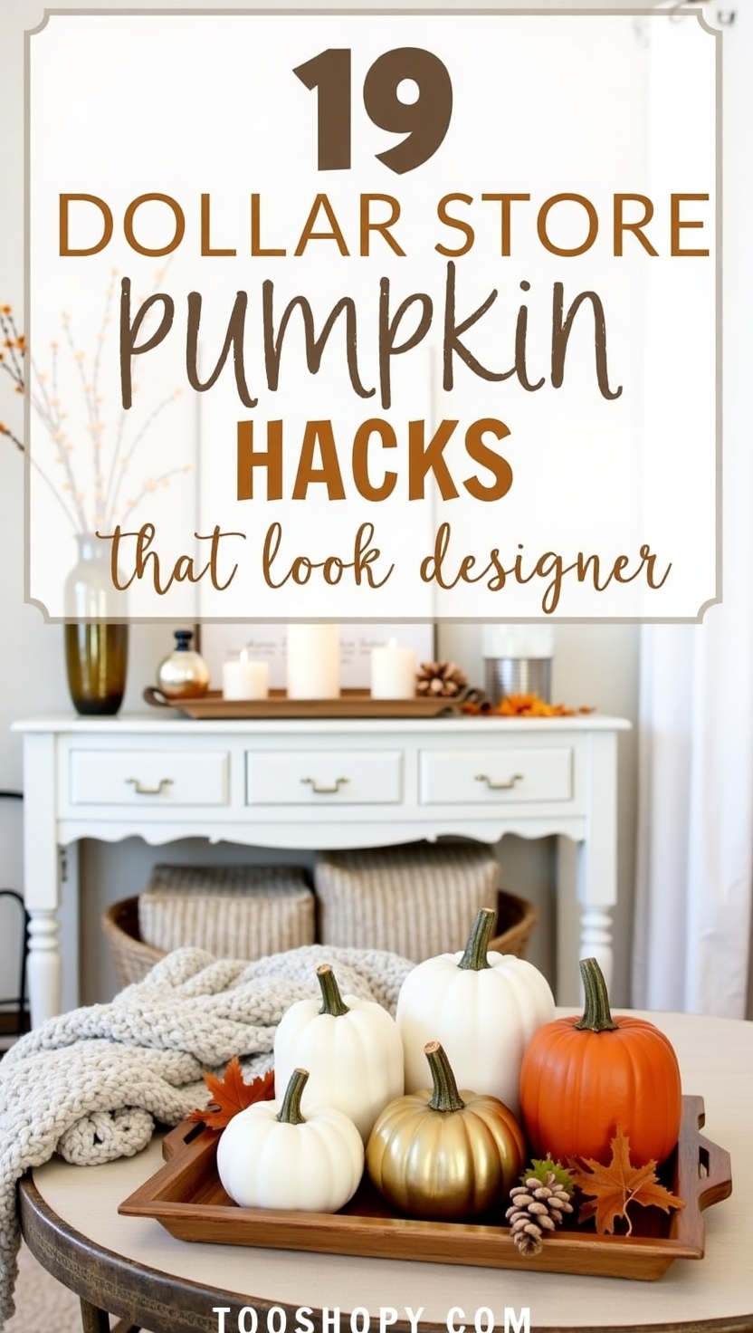 A cozy fall vignette featuring a tray of budget-friendly pumpkins in white, gold, and orange, styled with pinecones and faux leaves on a coffee table beside a chunky knit blanket. In the background, a white console table is topped with candles, fall stems, and simple decor, showing how dollar store pumpkin hacks can look high-end.