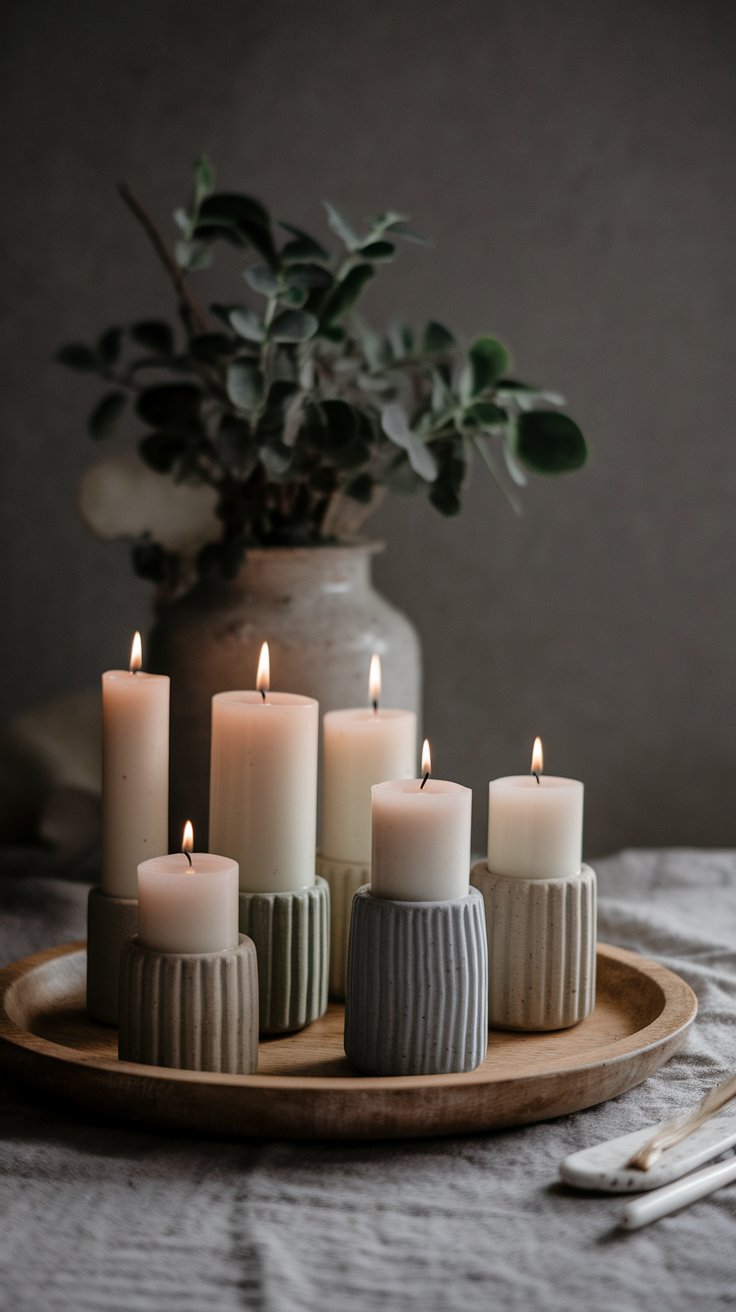Candle clusters in earthen holders for warm and textured boho rustic bedroom ambiance