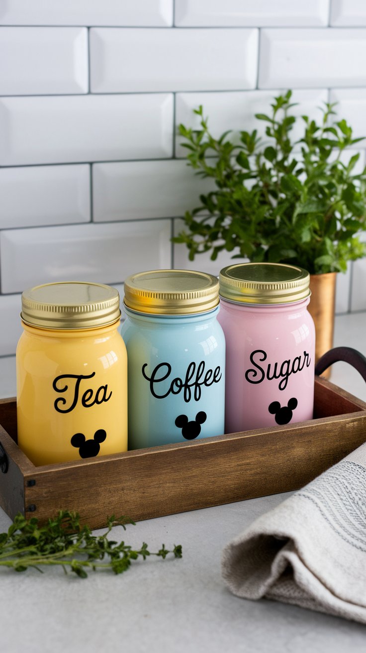 Upcycled Disney kitchen jars with character-style labels and gold lids on a wooden tray