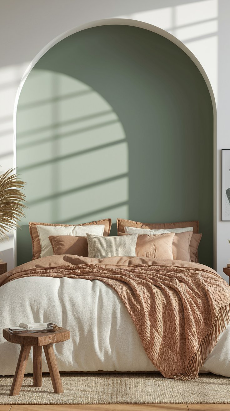 Painted arch accent wall in sage green behind bed for boho-inspired headboard effect
