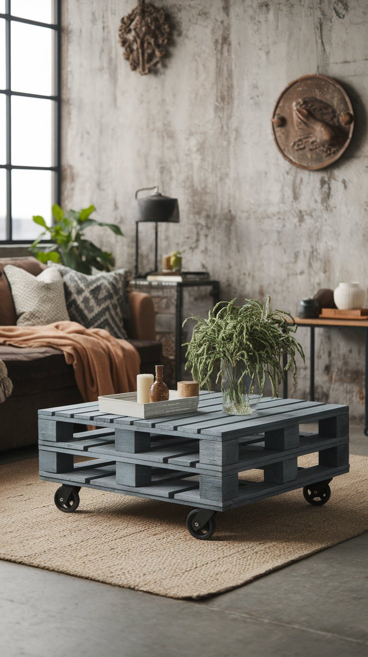 Industrial-style living room with a repurposed pallet coffee table on wheels, painted gray and topped with a vase of greenery and candles. The space features a brown sofa with cozy textiles, a woven rug, textured concrete walls, and large windows for a modern, rustic vibe.