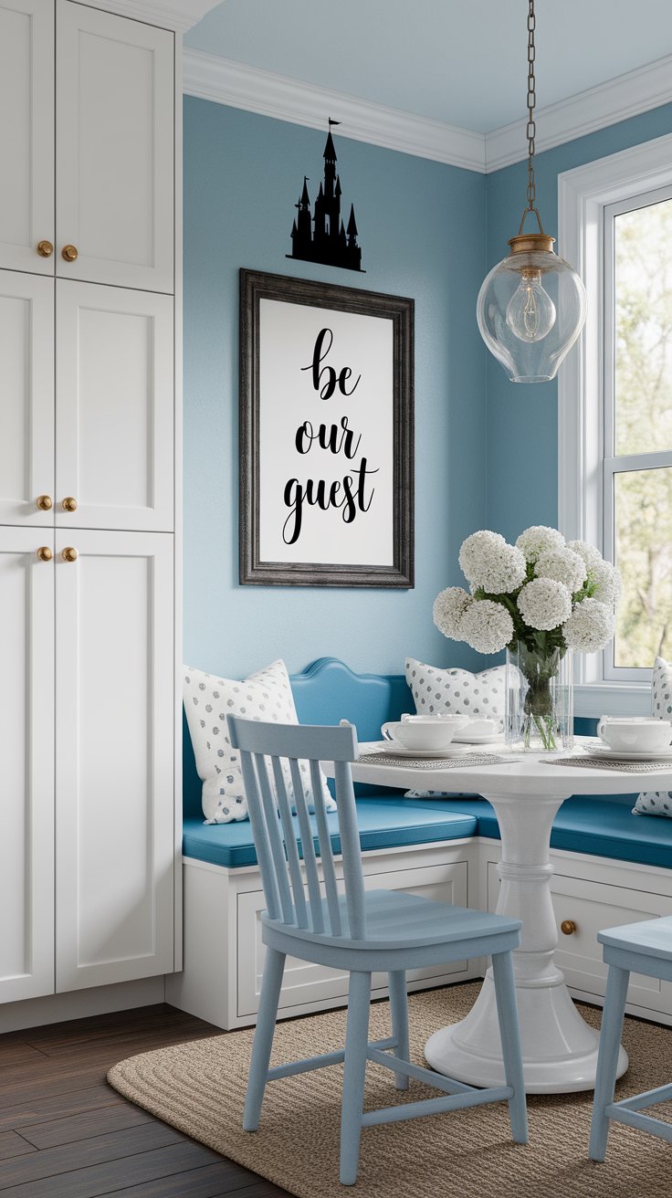 Disney wall art and decals in a pastel breakfast nook with framed quotes and subtle character touches