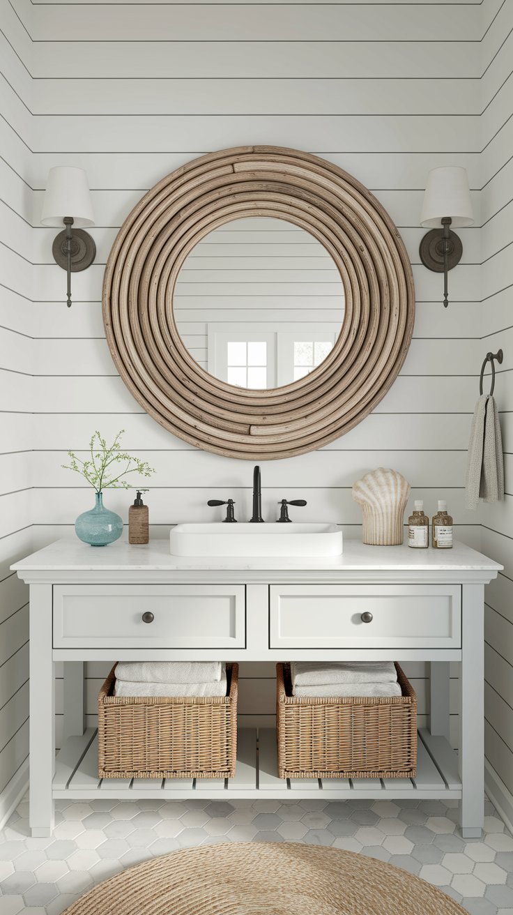 Driftwood mirror frame with natural beachy texture for coastal bathroom styling