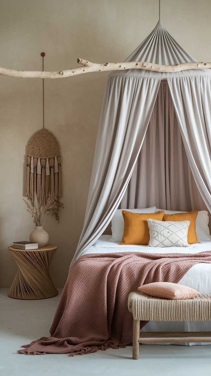 DIY linen canopy with natural branch for cozy boho rustic bedroom styling
