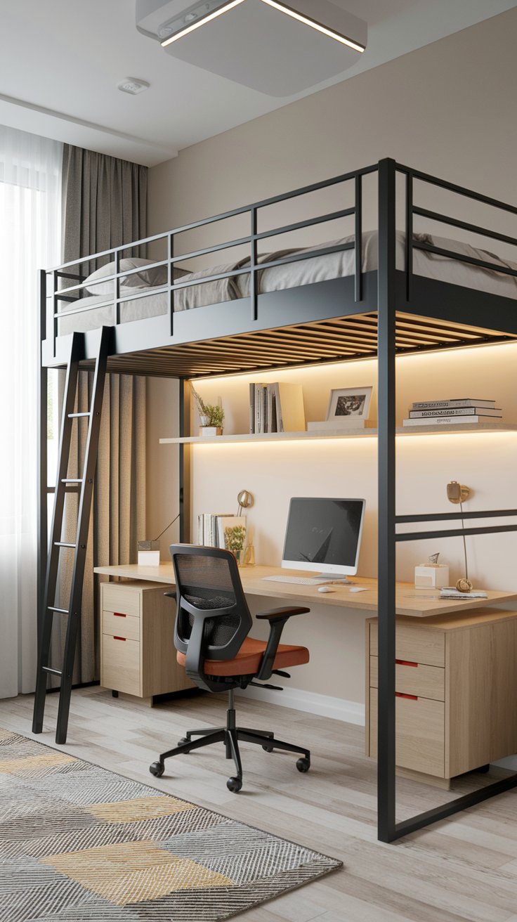 Loft bed over desk combo for compact home office or student room with modern styling