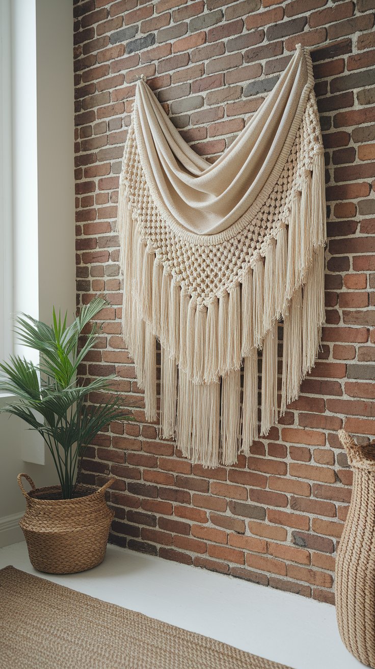 Fringed tapestry over textured wall for layered and relaxed boho rustic bedroom styling