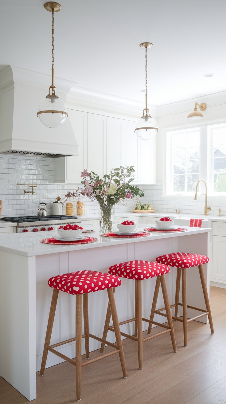 Minnie polka dot bar stool cushions adding playful Disney charm to a white kitchen island