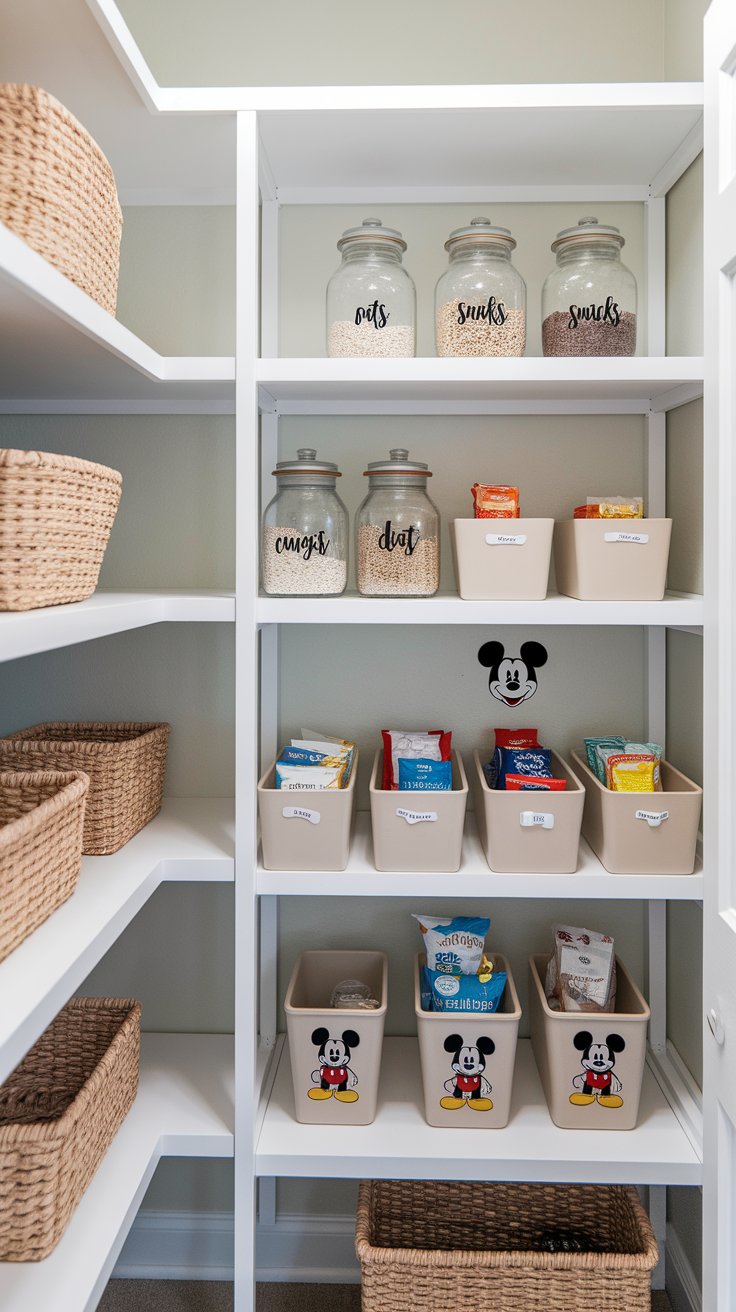Disney pantry organization with clear labeled jars, neutral bins, and subtle Mickey accents