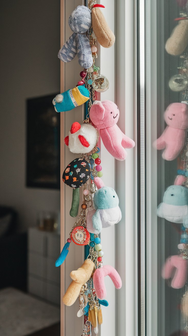 DIY charm chain with personal trinkets for colorful and maximalist room accent