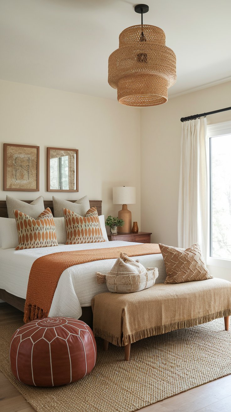 Leather, burlap, and mudcloth accents for balanced boho rustic bedroom texture and tone