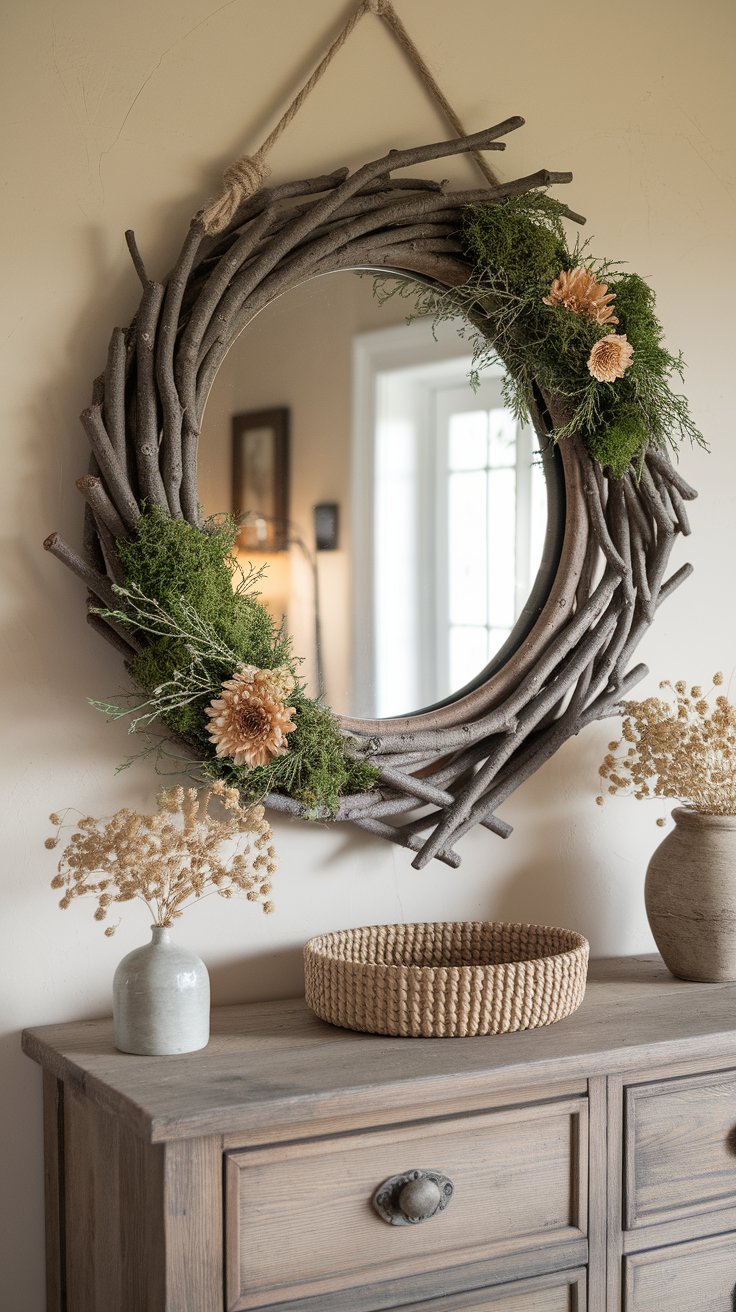 DIY forest-inspired mirror frame with branches and twine for rustic cabin decor