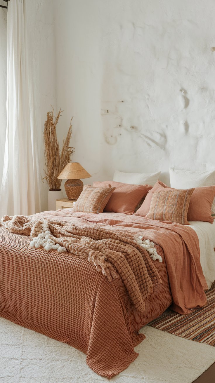 Desert-inspired bedding layers in earthy tones for warm and textured boho bedroom