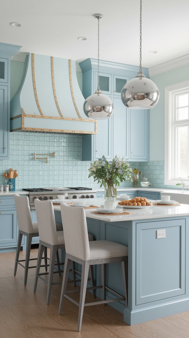 Fairytale kitchen with Cinderella color palette featuring soft blues and silver accents