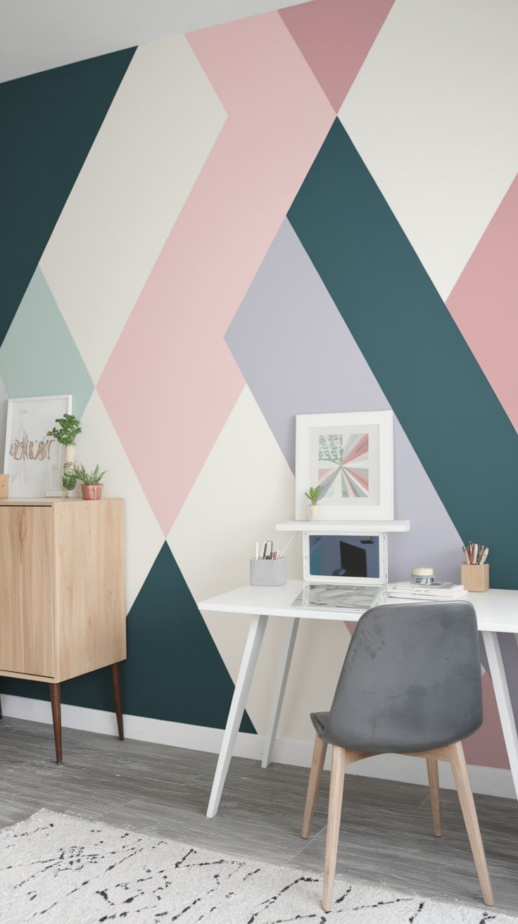 DIY geometric accent wall with pastel shapes using painter’s tape for artistic room design