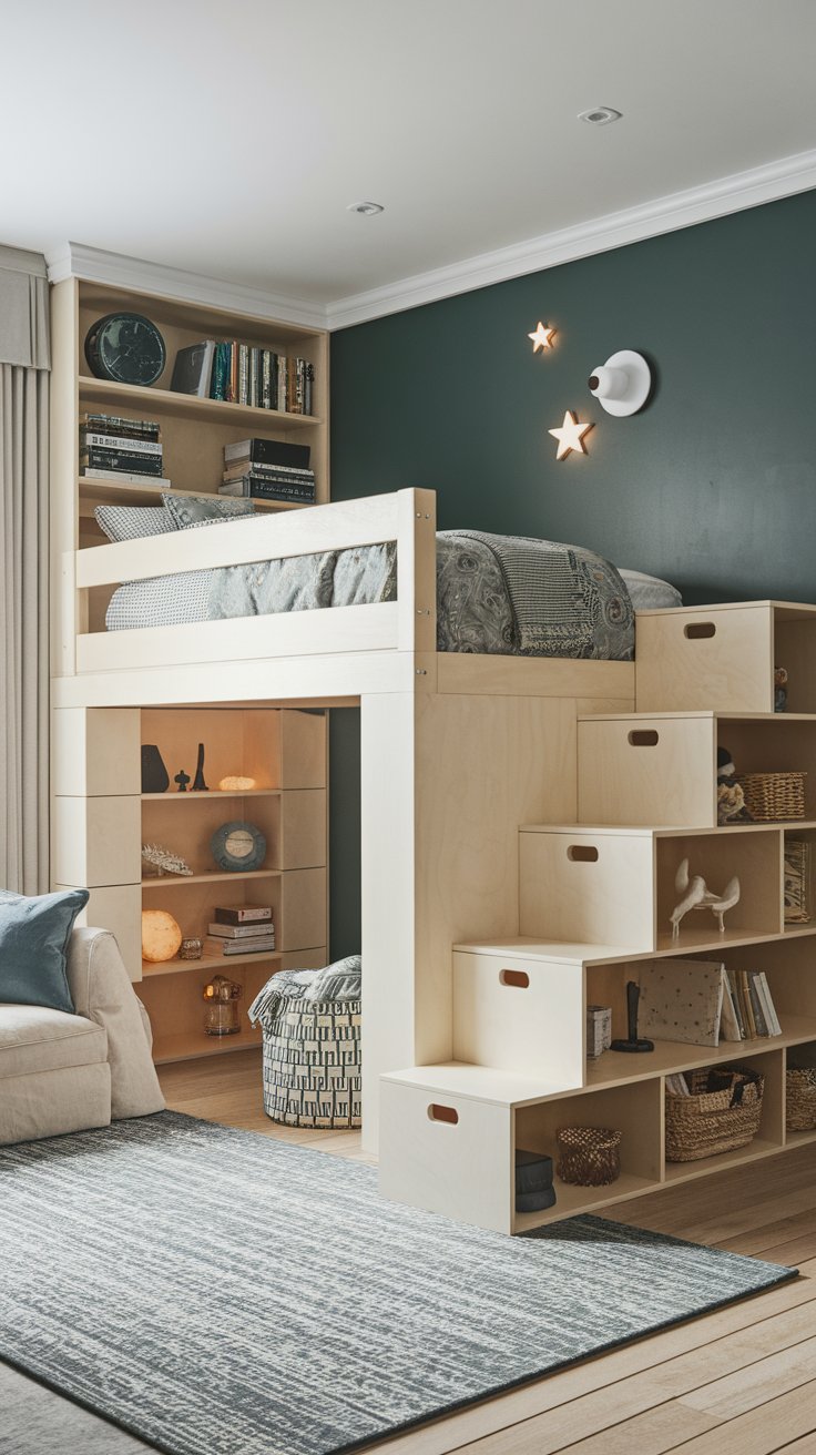 DIY loft bed with staircase storage steps for functional and safe small-space bedroom