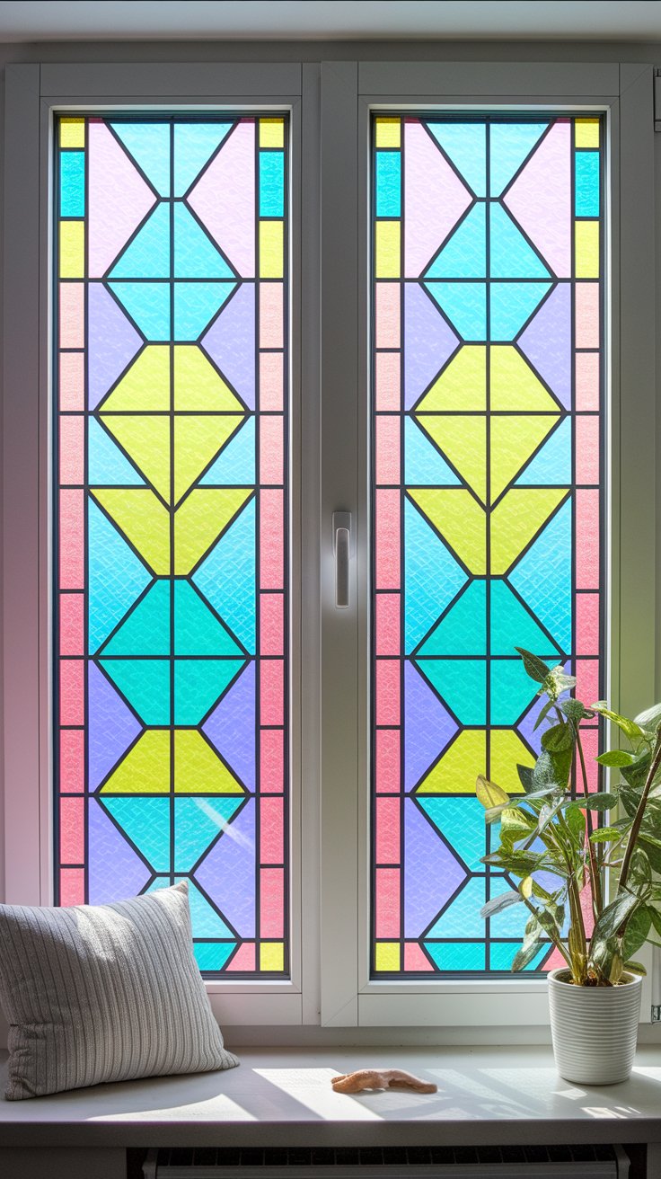 Washi tape stained glass window film with pastel geometric patterns for bright DIY decor