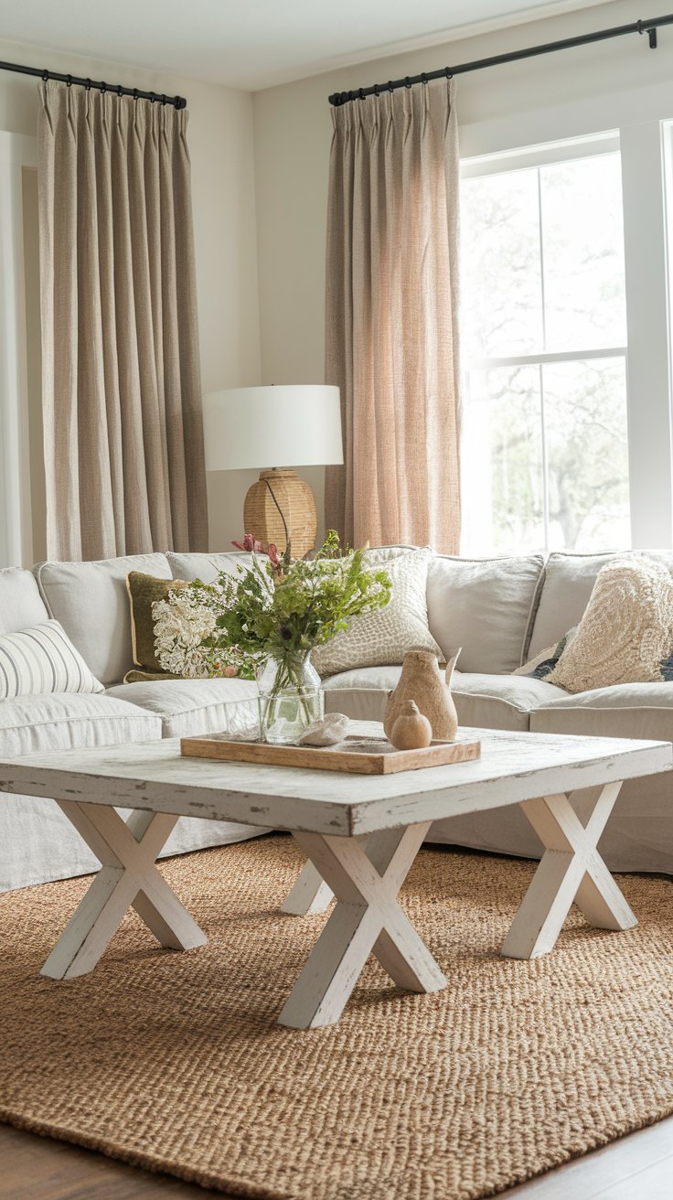 Bright farmhouse-style living room with a large light gray sectional, layered neutral pillows, and a distressed white X-leg coffee table. A vase of fresh greenery, woven lamp, and natural jute rug add warmth and texture to the cozy, sunlit space.