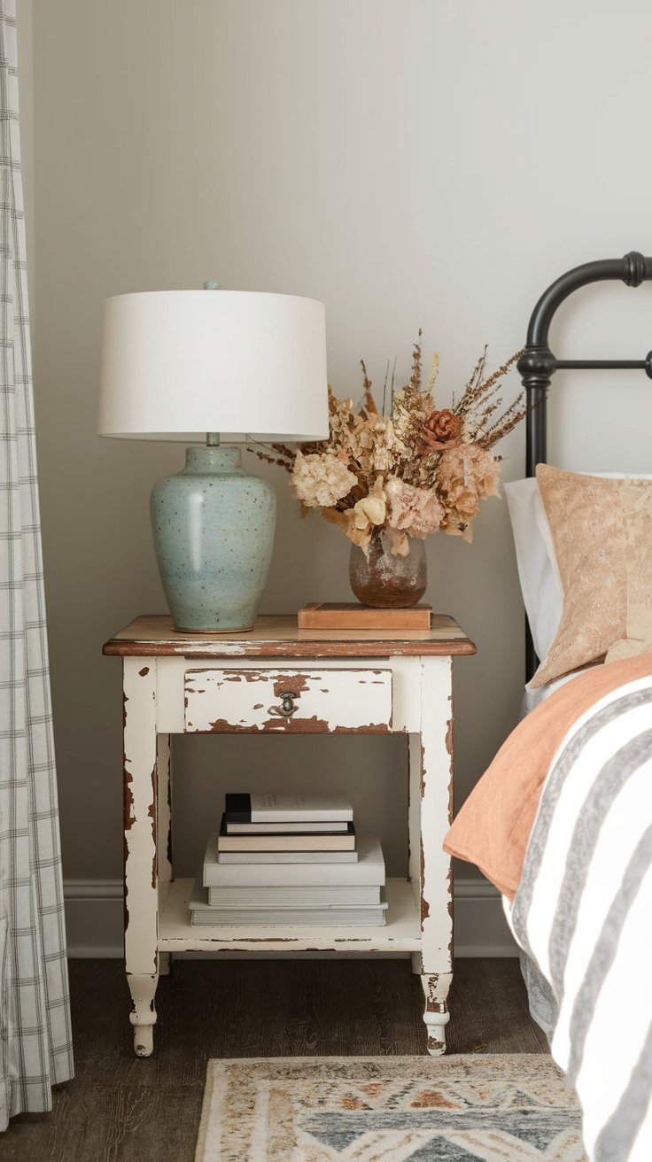 Antique farm table used as rustic bedside stand in boho bedroom with vintage accents