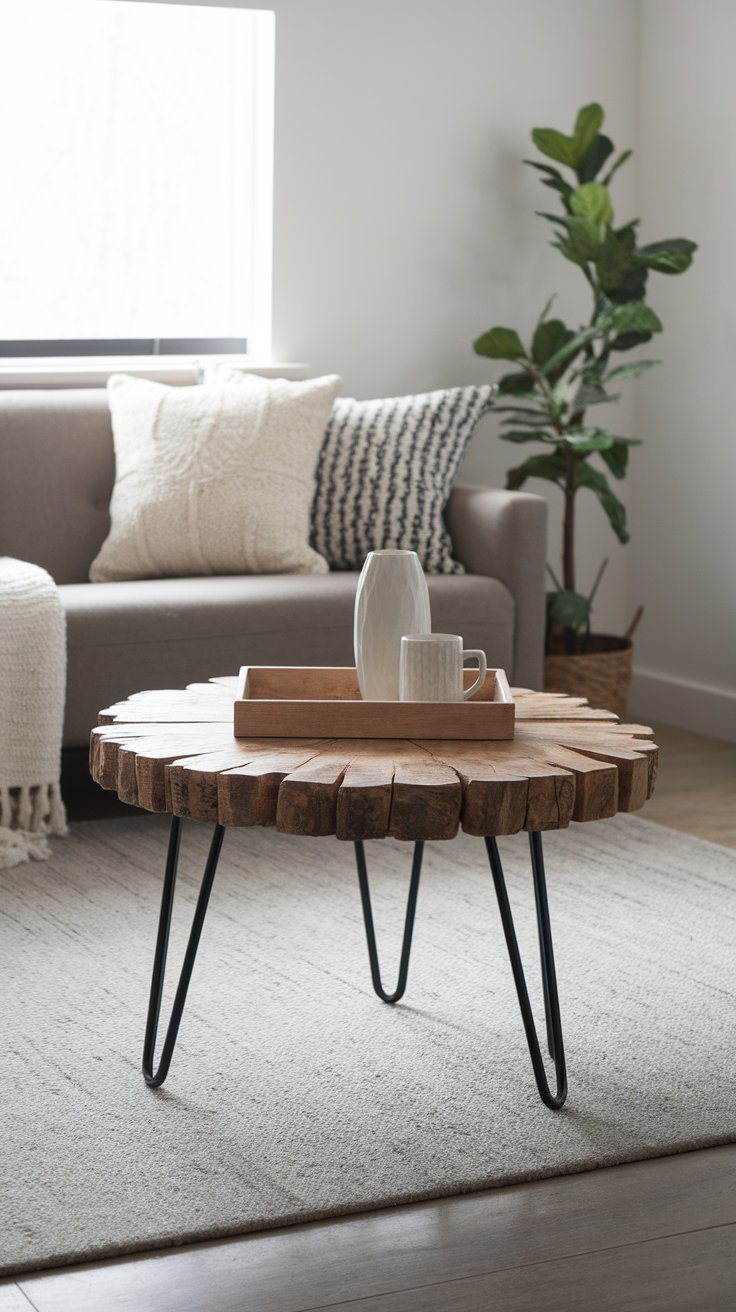 Minimalist living room featuring a round reclaimed wood coffee table with hairpin legs, topped with a wooden tray, ceramic mug, and pitcher. A neutral-toned sofa with textured pillows, a potted fiddle-leaf fig, and a light area rug complete the clean, cozy look.