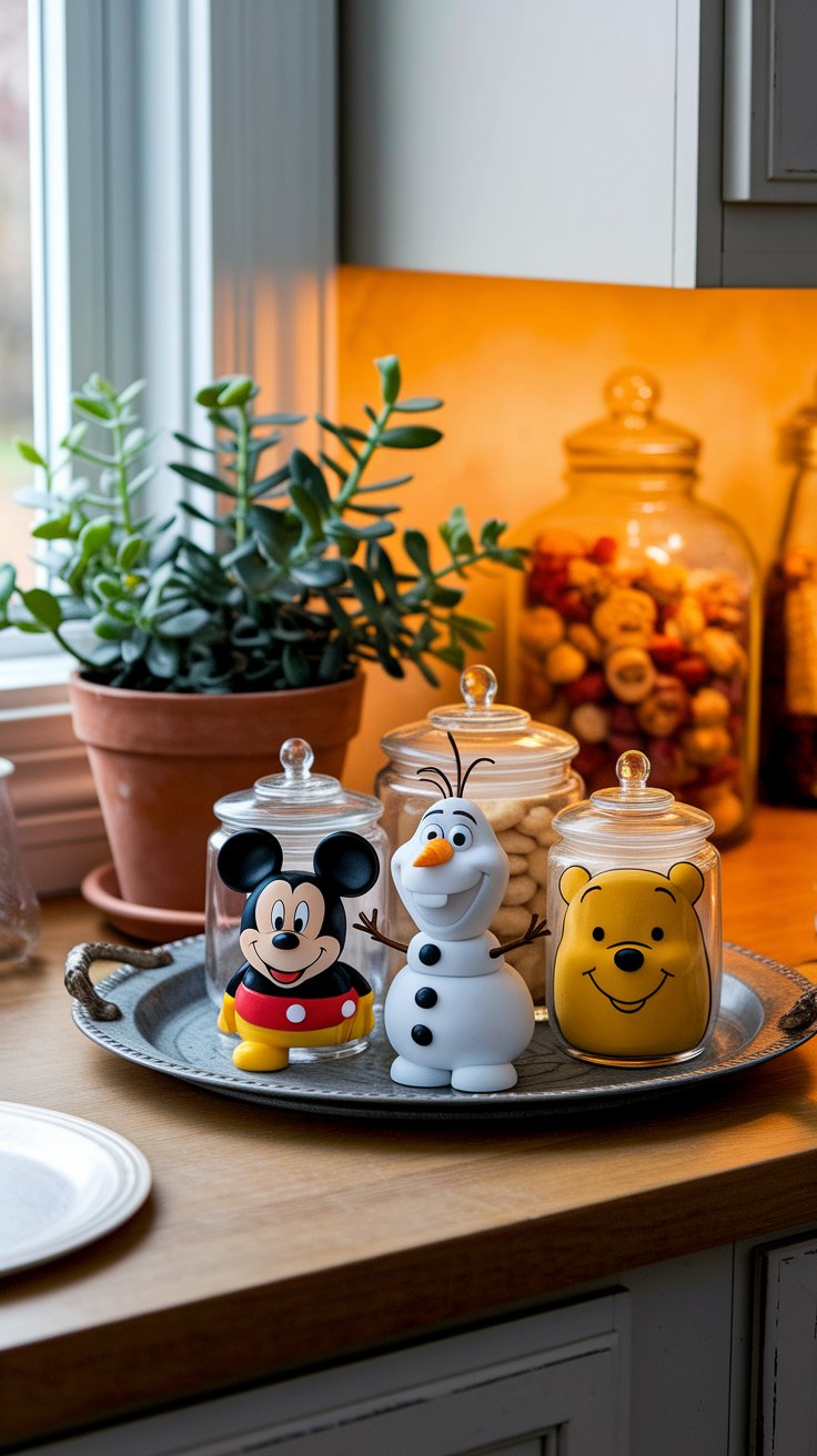 Disney character cookie jars styled on a rustic kitchen tray with cozy countertop decor