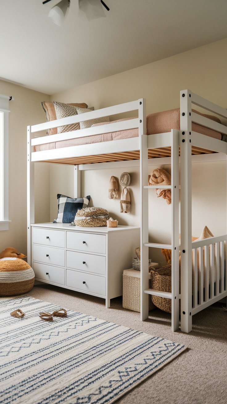 DIY closet loft bed with hanging rods and shelves for stylish vertical wardrobe solution