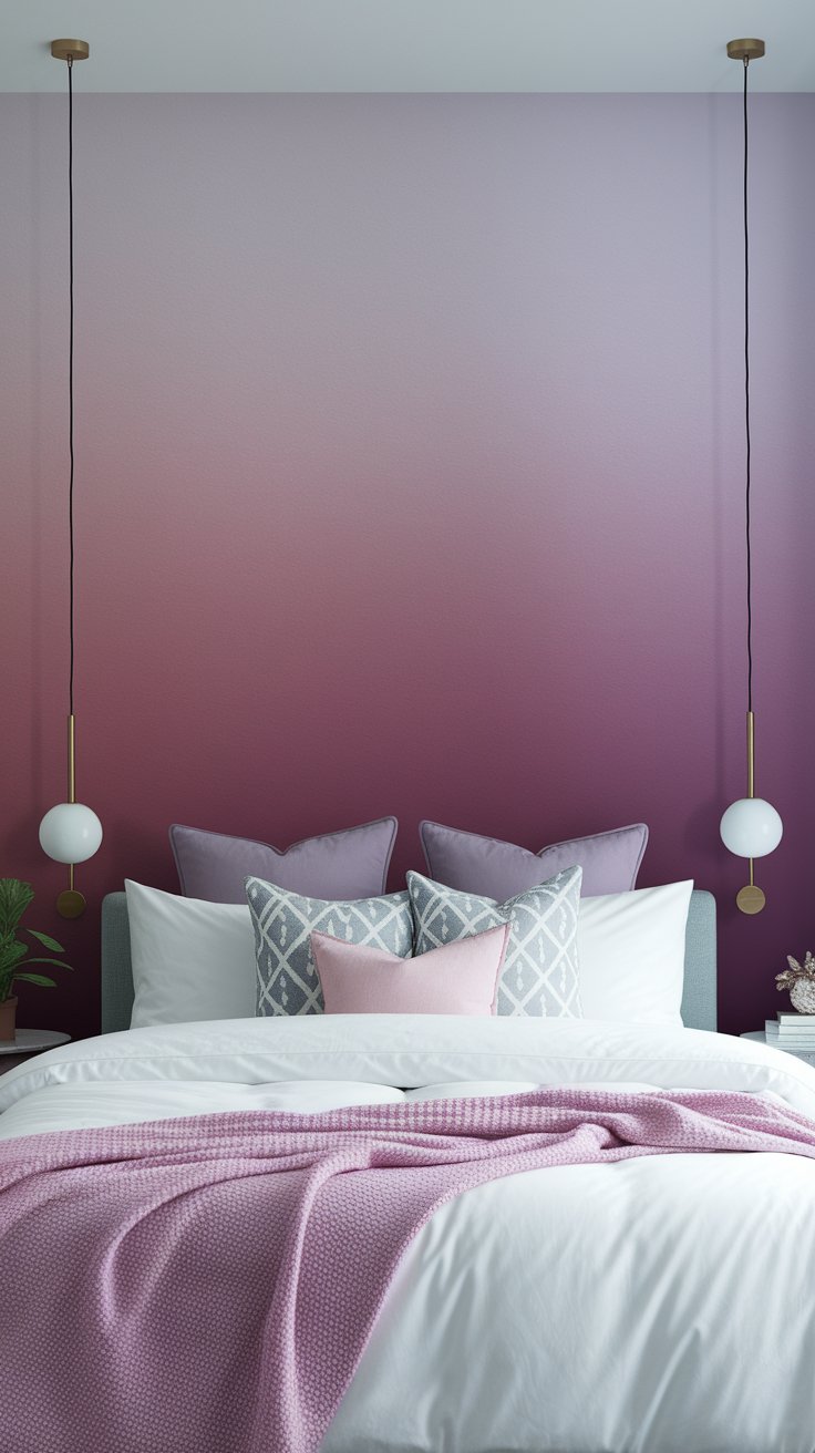 Ombre fade accent wall in lavender tones for dreamy and calming bedroom decor