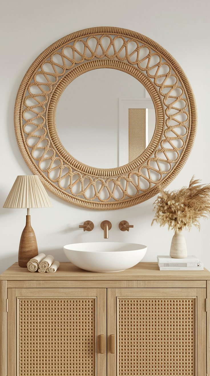 Rattan basket mirror frame with jute trim for boho vanity or bedroom accent