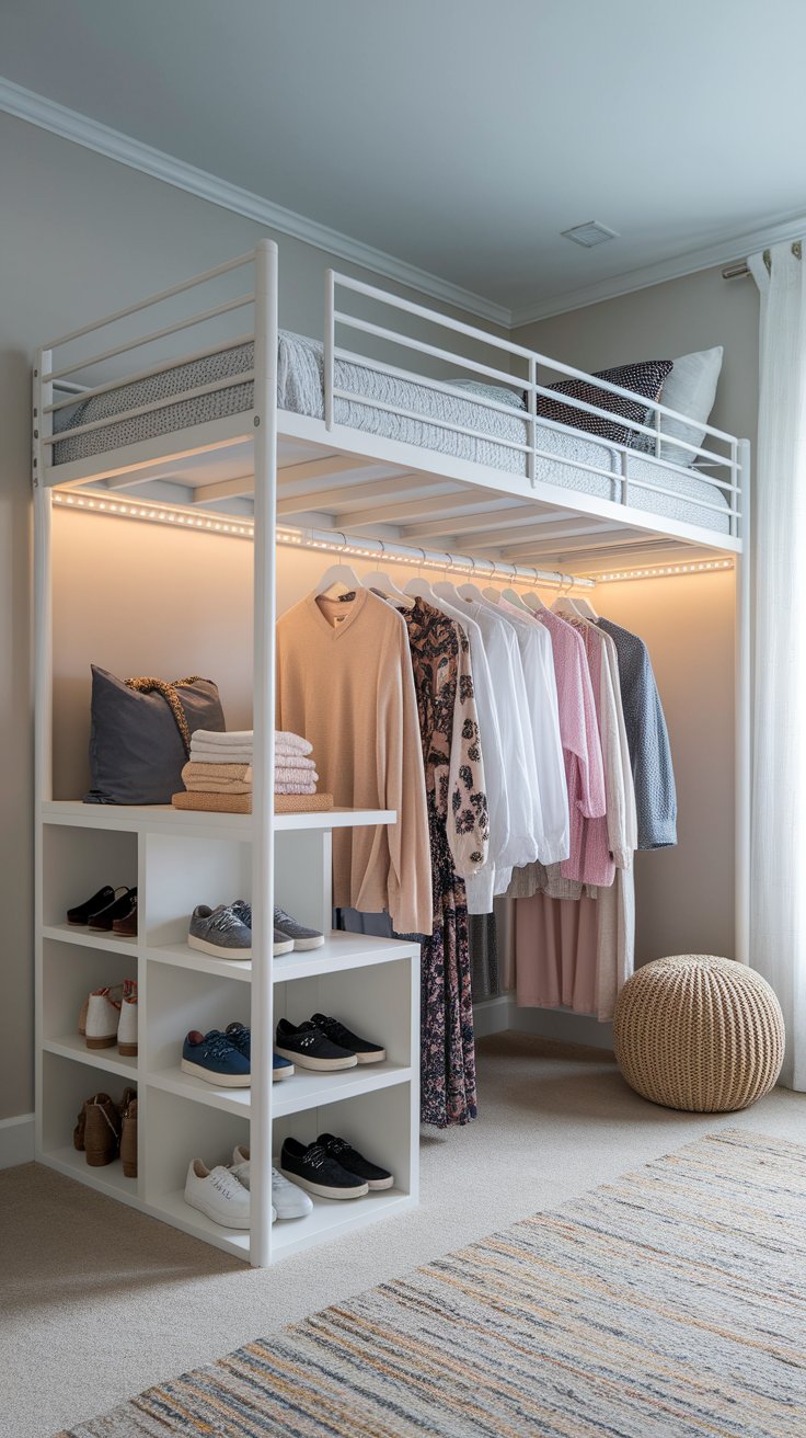 DIY closet loft bed with hanging rods and shelves for stylish vertical wardrobe solution