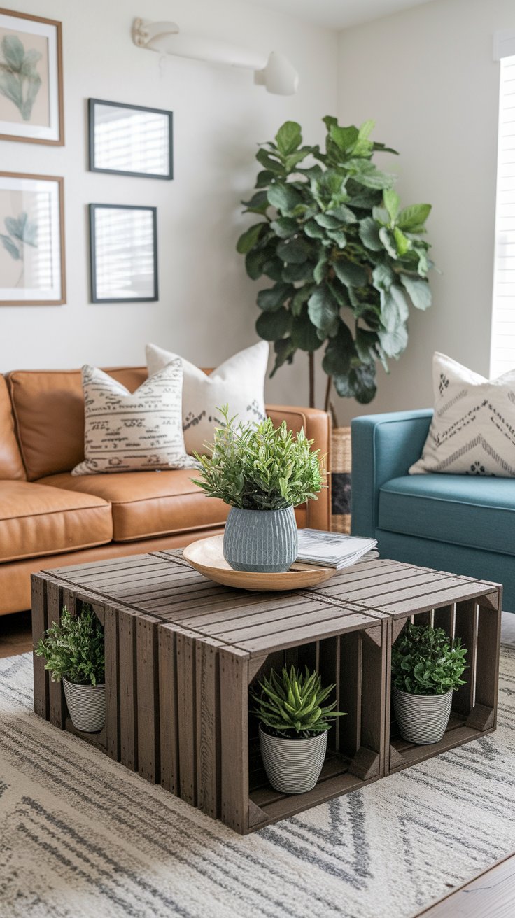 Stylish living room with a crate-style dark wood coffee table showcasing small potted plants in cubby-style openings. Surrounded by a caramel leather sofa, blue armchair, and large fiddle-leaf fig tree, the space features neutral pillows, framed botanical prints, and a patterned rug for a cozy, modern touch.