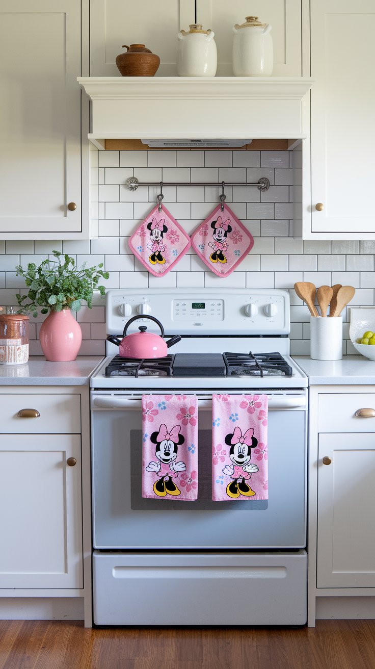 Minnie Mouse kitchen towels and mitts adding playful charm to a white farmhouse kitchen