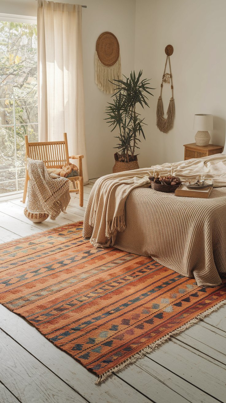 Vintage kilim rug on rustic wood floor for warm and grounded boho bedroom design