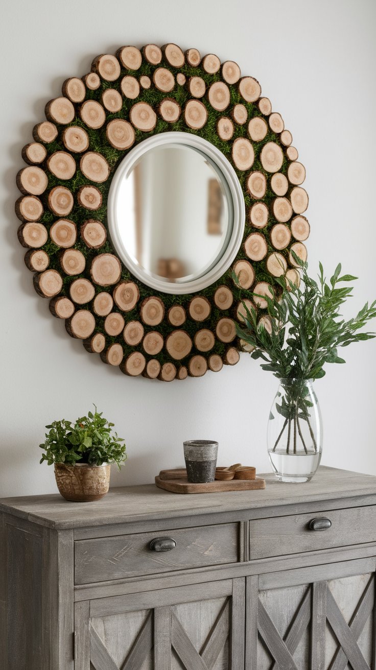 Wood slice mosaic mirror frame with natural textures for rustic cottagecore interiors