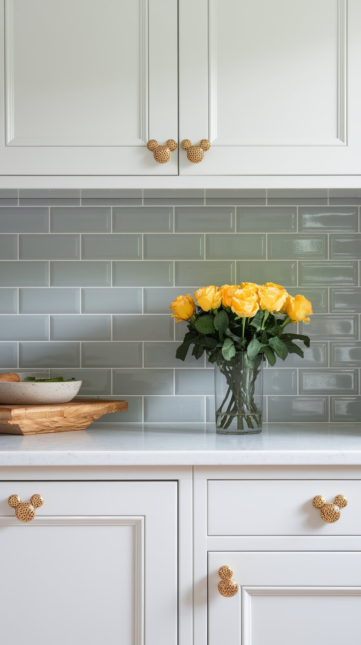 Disney cabinet knobs shaped like Mickey ears for subtle themed hardware in a modern kitchen