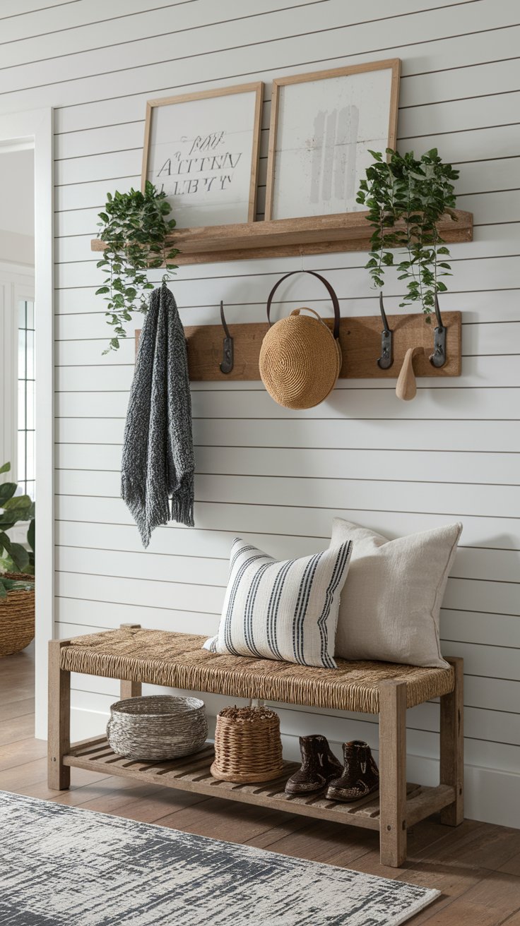 Faux shiplap accent wall using plywood strips for rustic farmhouse entryway design