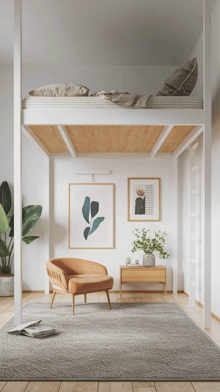 Floating loft bed with wall-mounted frame for sleek and minimalist small room design