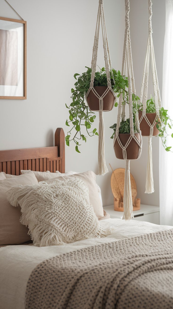 Hanging plant cradles in macramé for vertical greenery in boho rustic bedroom