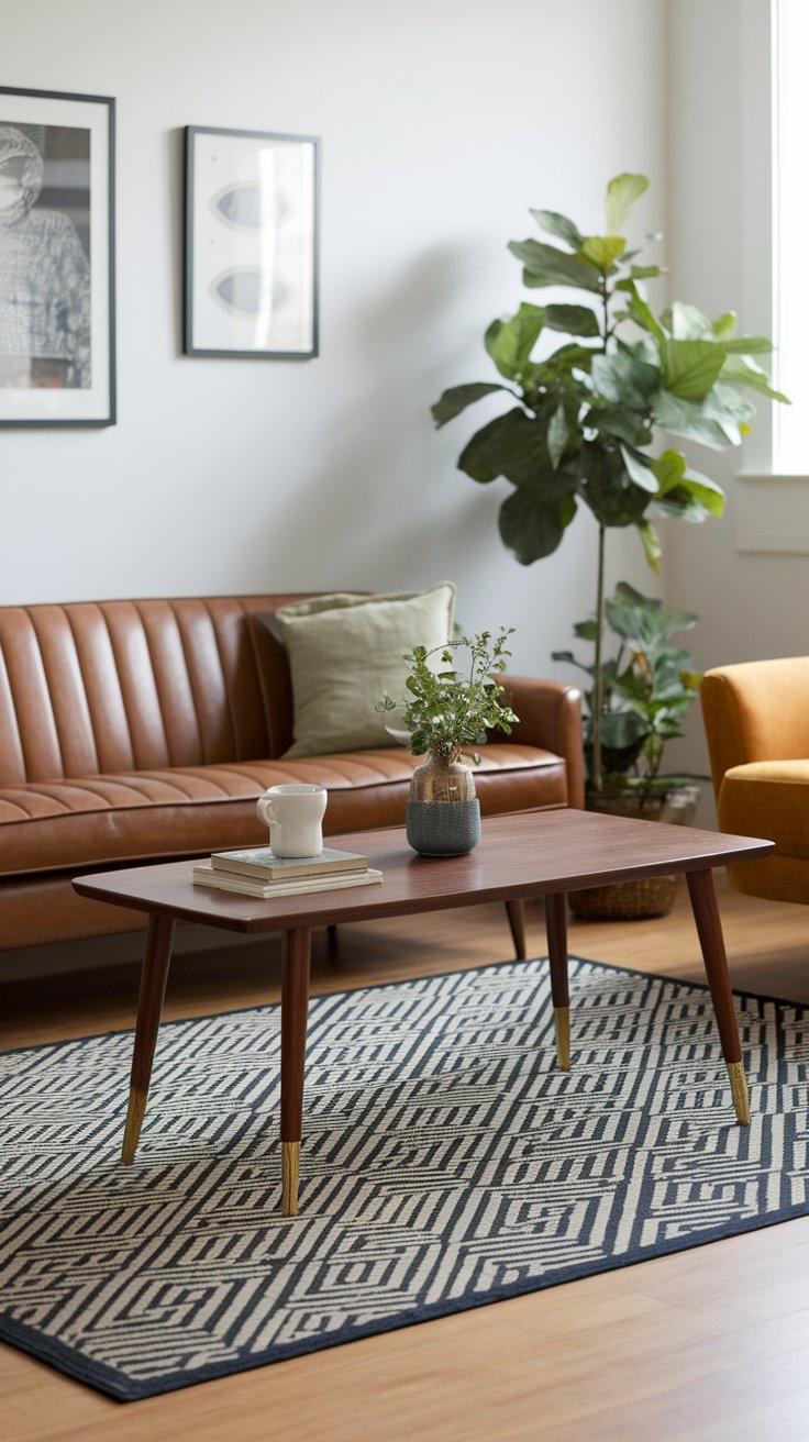 Mid-century modern living room featuring a wood coffee table with tapered legs and brass accents, styled with a mug, books, and a small vase of greenery. A caramel leather sofa, mustard armchair, and geometric black-and-white rug complete the space, along with a tall fiddle-leaf fig adding a touch of nature.