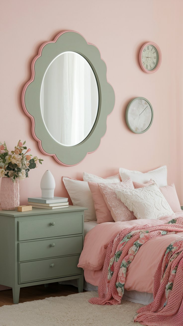 Scalloped wood mirror frame painted in pastel tones for vintage-inspired bedroom decor