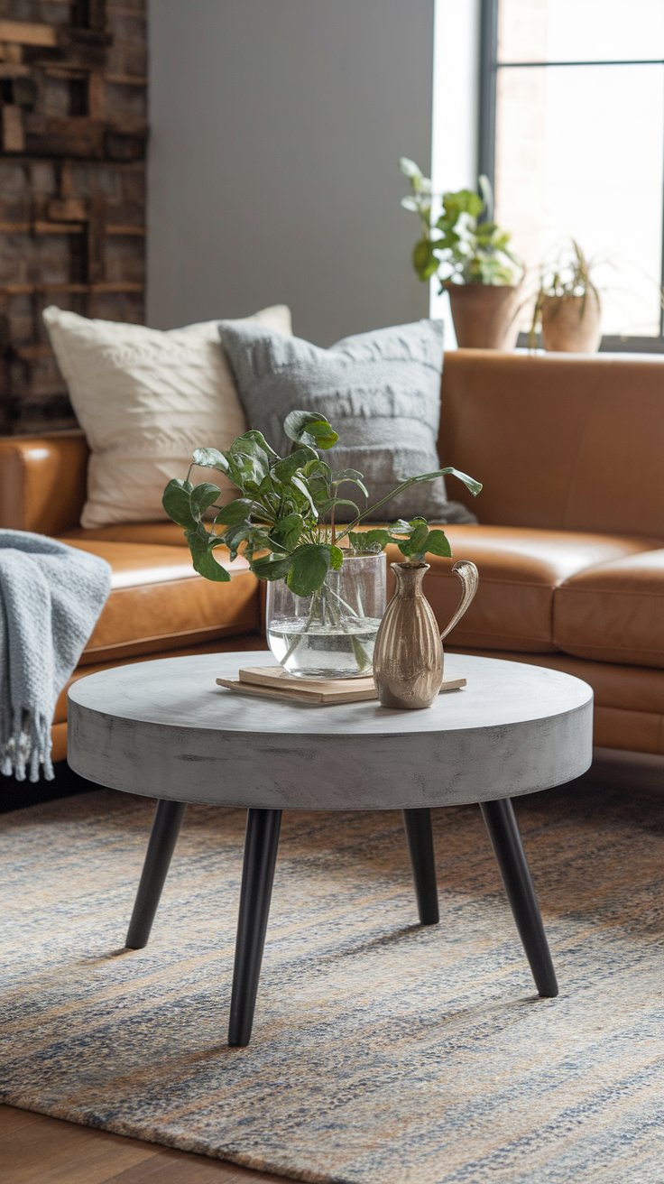 Modern living room with a round concrete coffee table on tapered black legs, styled with a clear vase of leafy greenery and a ceramic pitcher on stacked books. A caramel leather sectional, cozy throw pillows, and a textured rug complete the warm, industrial-inspired space.
