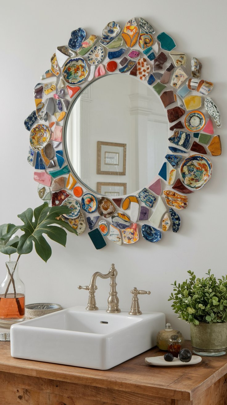 DIY mosaic mirror frame using broken tiles for colorful and creative bathroom accent